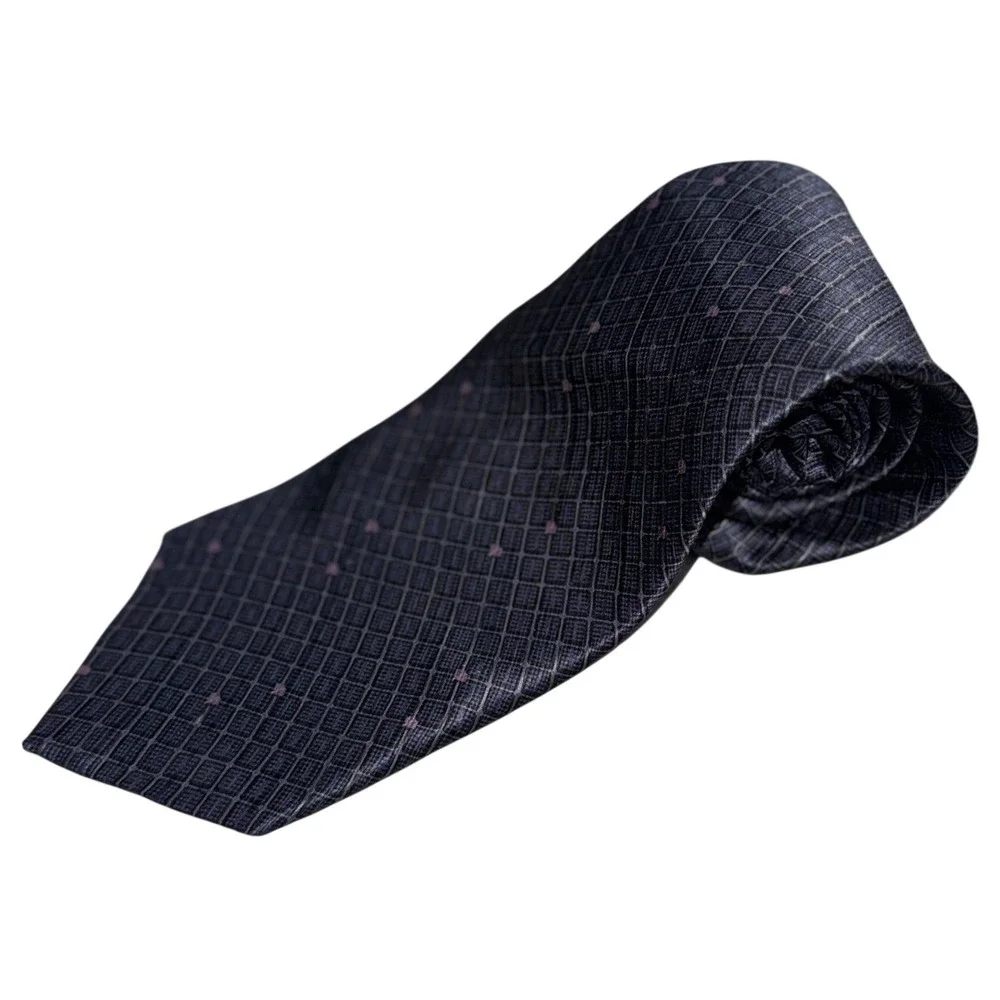 Silk Tie by Bill Blass Modern Men's Navy with Geometric Purple Dot EUC Fast Ship